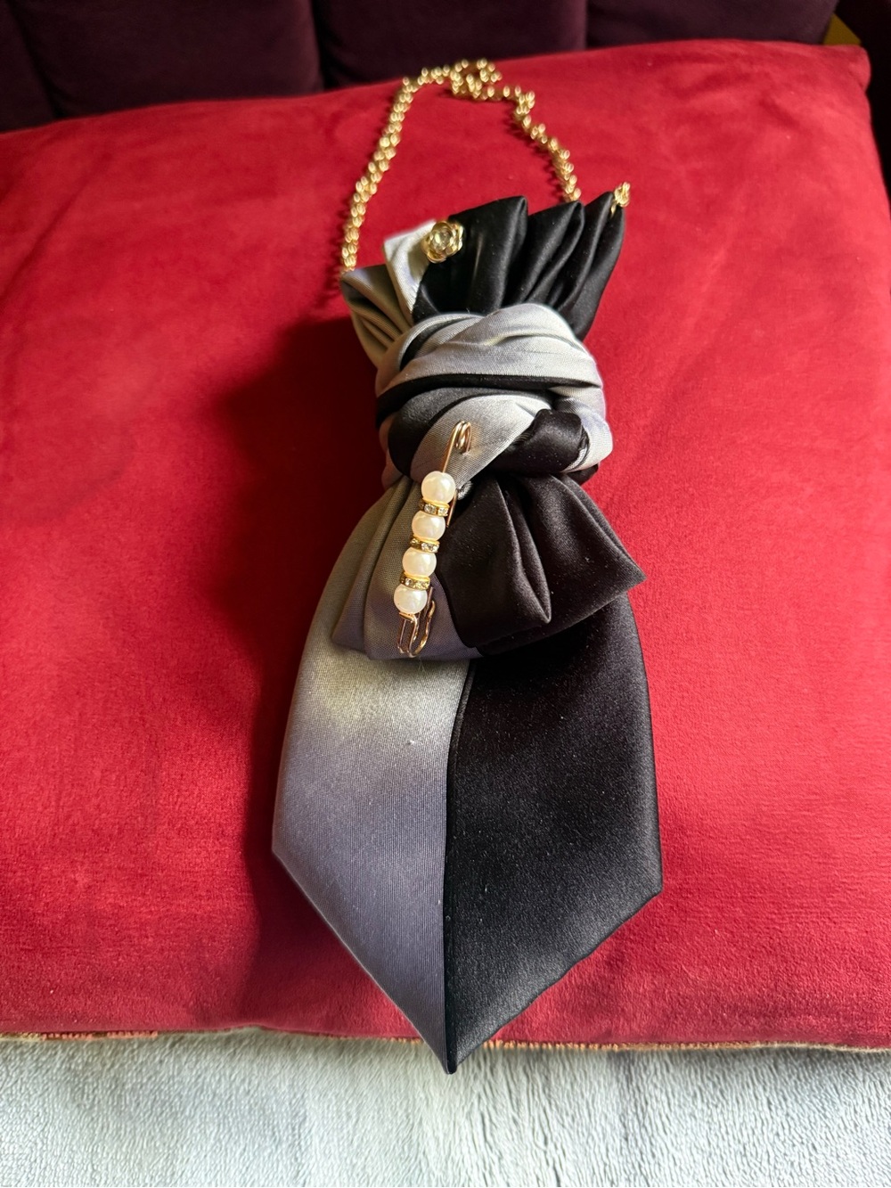 Elegant Black & Gray Satin Knot Necklace with Gold Chain